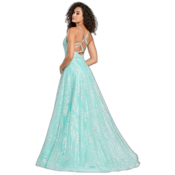 Collette for Mon Cheri aqua v-neck A-line prom gown beaded maxi sz 4 EUC - Picture 3 of 16